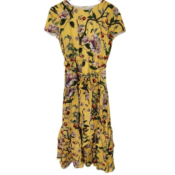 BORGO DE NOR Silk Blend Midi Floral Dress 12 Yellow Green Cottage Farmhouse - Picture 1 of 7